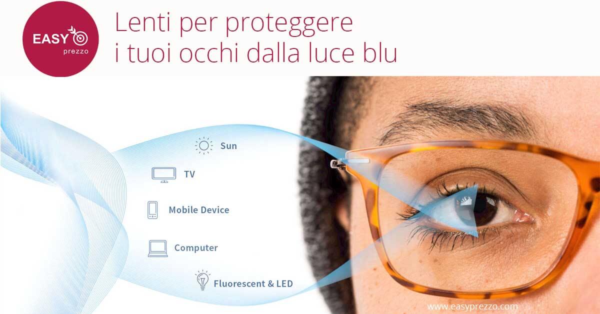 l'immagine rappresenta un viso di una donna che ha gli occhiali che proteggono dalla luce blu